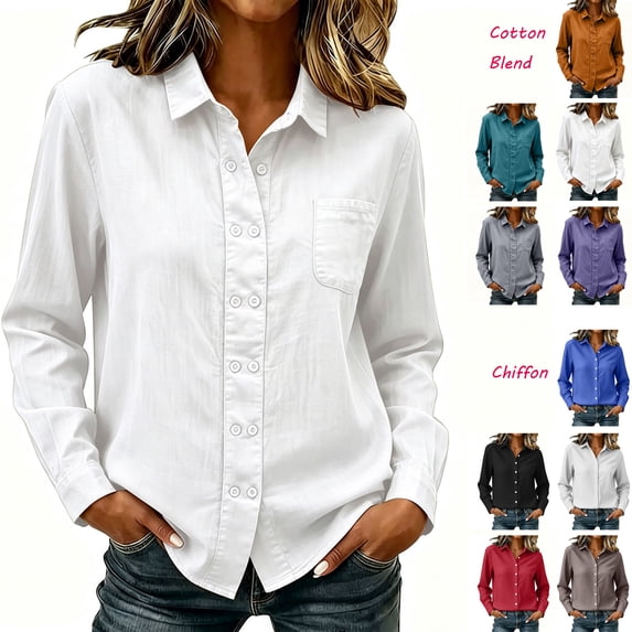 Women's Long Sleeve Shirts Dqueduo Women's Solid Collared Long Sleeve Casual Blouse Cotton Linen Blend Shirt White M
