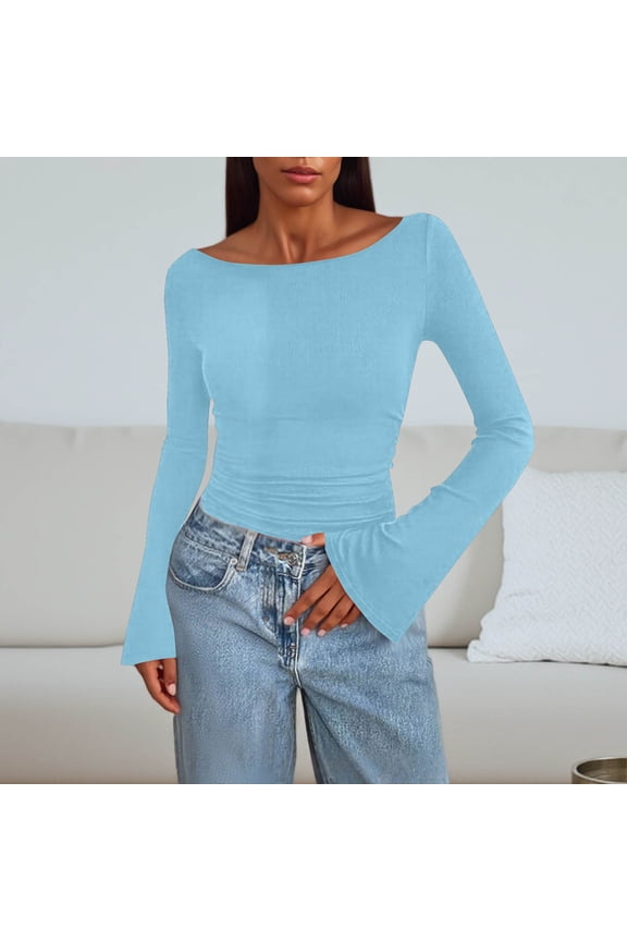 Women's Long Sleeve Shirts, Fall Crop Going out Tops, Casual Neck Sleeve Ribbed Blouses