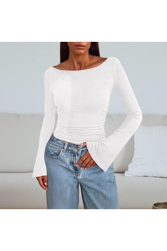 Women's Long Sleeve Shirts, Fall Crop Going out Tops, Casual Neck Sleeve Ribbed Blouses