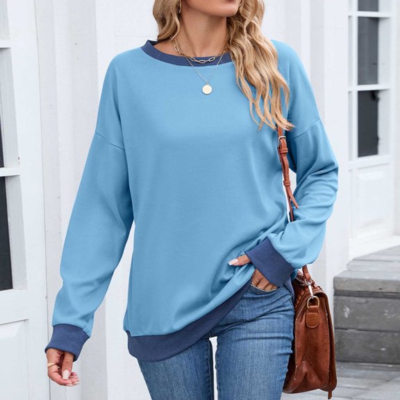 Women's Long Sleeve Shirts Fashion Contrast Color Ribbed Sweatshirts Casual Loose Lightweight Basic Tee Shirt Solid Color Blouses Pullover Top Blue M
