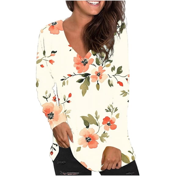 Women's Long Sleeve Shirts Fashion Floral Print Dressy Blouses Casual V-Neck Shirt Pullover Loose Work Tops Spring Summer Outdoor,Beach,Vacation Top Style03 XL