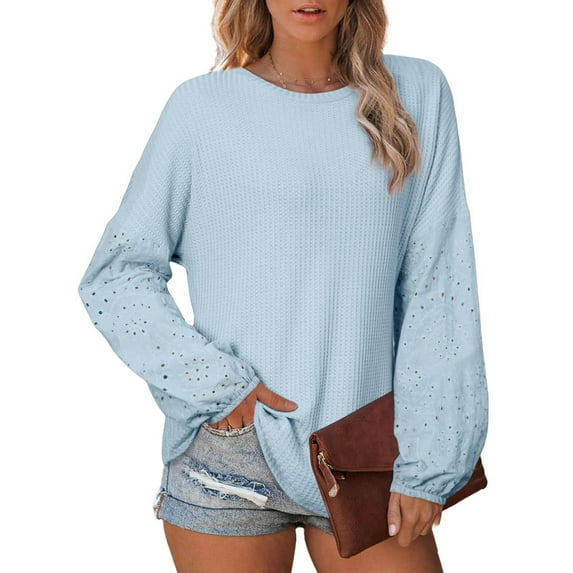 Women's Long Sleeve Shirts Fashion Spring Waffle Solid Color Top Loose Round Neck Lace Hollow Sleeve Blouses Casual Pullover Tunic Tops Blue M