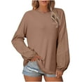 thumbnail image 1 of Women's Long Sleeve Shirts Fashion Spring Waffle Solid Color Top Loose Round Neck Lace Hollow Sleeve Blouses Casual Pullover Tunic Tops Brown XXL, 1 of 7