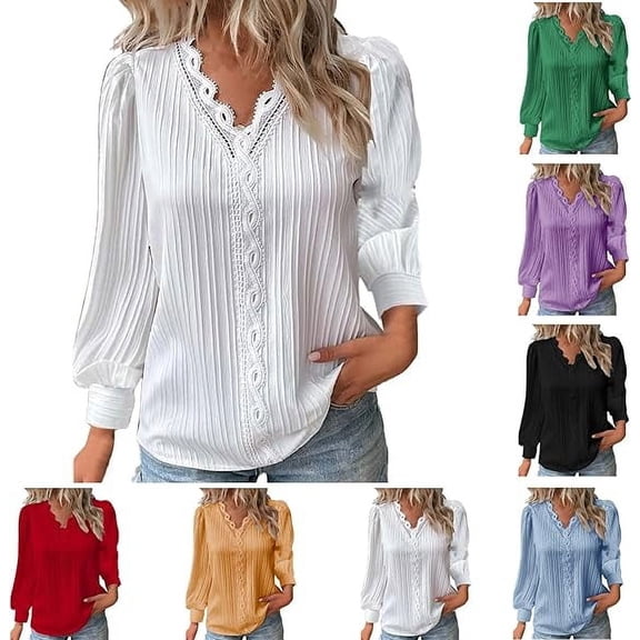 Women's Long Sleeve Shirts Lace V Neck Plain Elegant Shirt Solid Blouse Business Casual Dressy Blouses Work Tunic Tops Spring Clothes