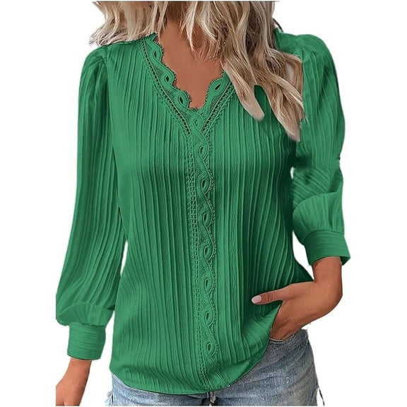 Women's Long Sleeve Shirts Lace V Neck Plain Elegant Shirt Solid Blouse Business Casual Dressy Blouses Work Tunic Tops Spring Clothes
