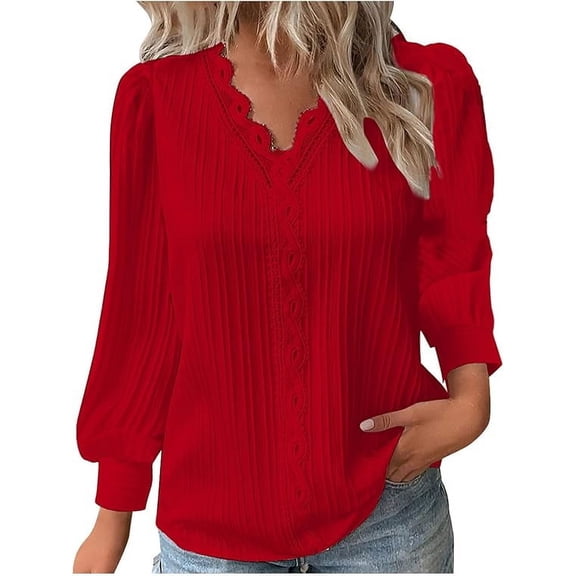 Women's Long Sleeve Shirts Lace V Neck Plain Elegant Shirt Solid Blouse Business Casual Dressy Blouses Work Tunic Tops Spring Clothes