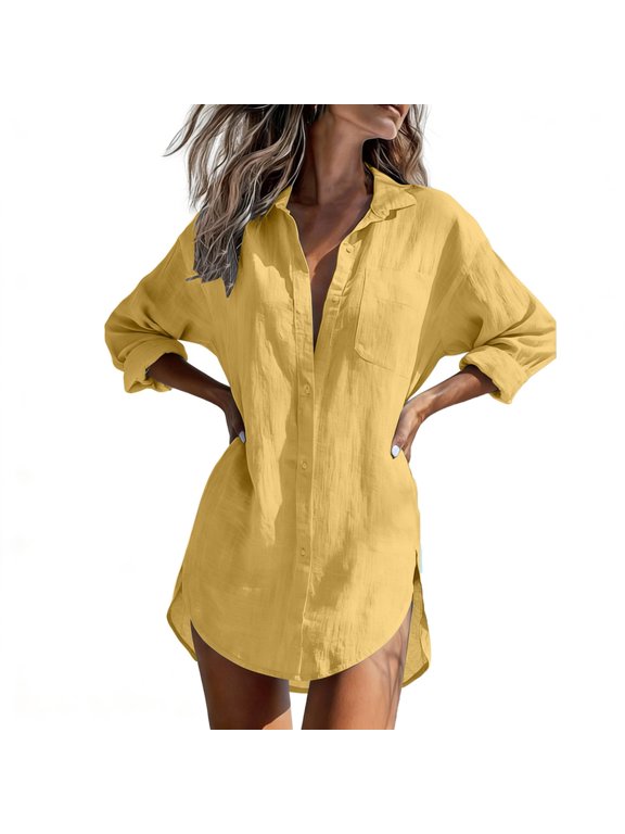 Women's Long Sleeve Shirts Lapel Button Down Side Slit Tunic Blouse Casual Comfy Stylish Tops Loose Fit (L, Yellow)
