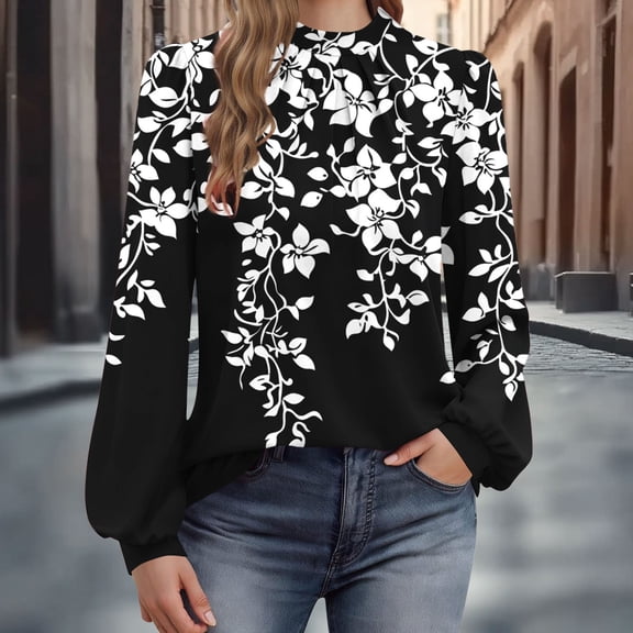 Women's Long Sleeve Shirts Loose Mock Neck Tops Dressy Pleated Front Blouses Back Button Lantern Sleeve Casual Fall Fashion Printed Sweatshirts Pullover