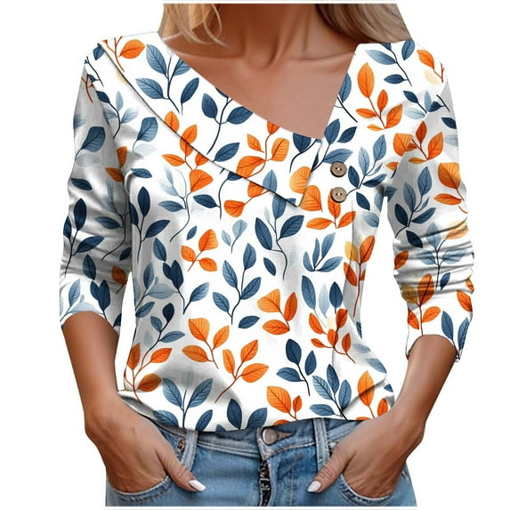 Women's Long Sleeve Shirts Oblique V Neck Tops Spring Button Down Blouses Fashion Floral Printed Tunic T-Shirts Ladies Dressy Casual Going Out Tshirts Business Outfits