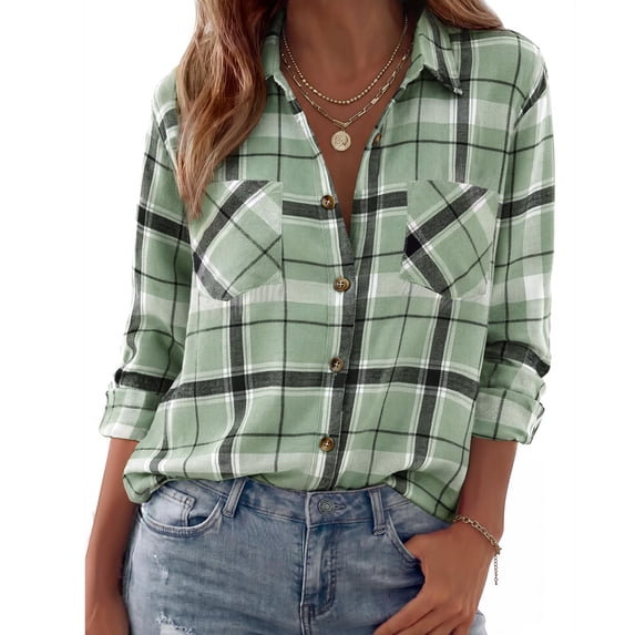 Women's Long Sleeve Shirts Plaid Button Down Fall Work Blouses Lightweight Business Casual Tops, 2XL