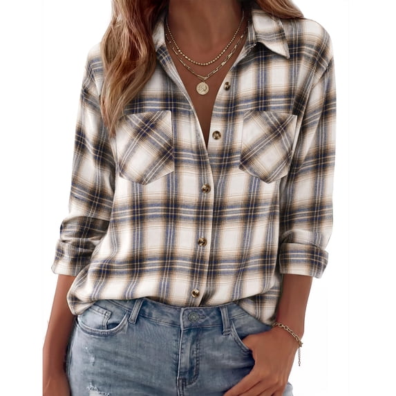 Women's Long Sleeve Shirts Plaid Button Down Fall Work Blouses Lightweight Business Casual Tops, L