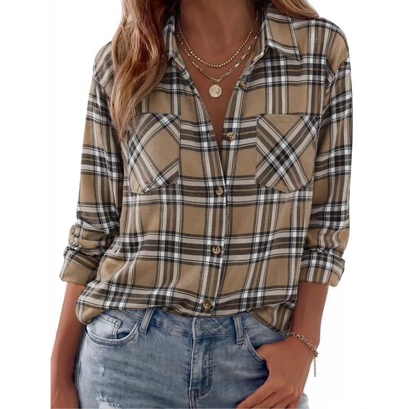 Women's Long Sleeve Shirts Plaid Button Down Fall Work Blouses Lightweight Business Casual Tops, M