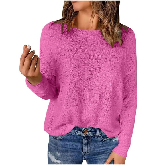 Women's Long Sleeve Shirts Round Neck Stretchy Knit Basic Pullover Tops Casual Loose Solid Blouse 2025 Fall Outfit Hot Pink L