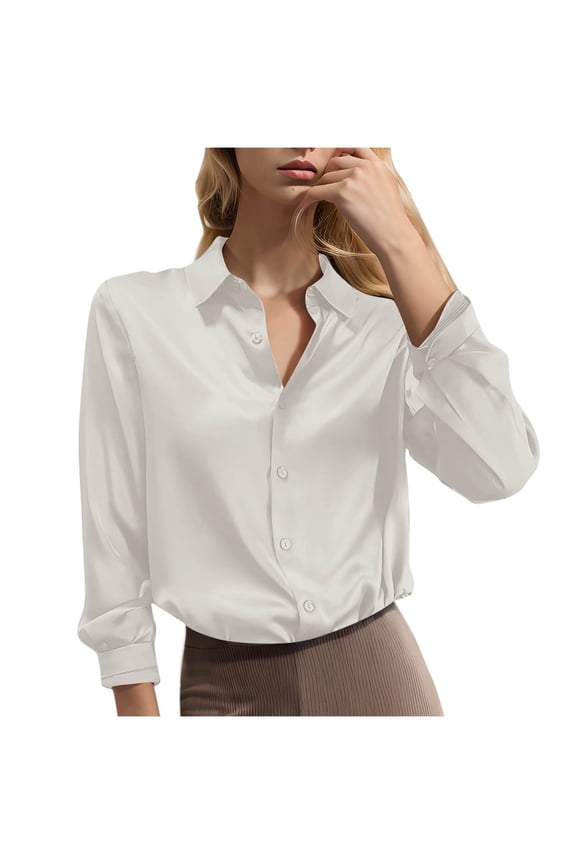 Women's Long Sleeve Shirts Satin Silk Casual Solid Color Lightweight Collared Neck Blouses Ladies Business Comfy Slim- Button-Down Tunic Tops Basic Office Work Daily Wear Outs