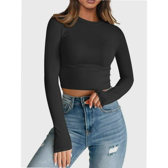Women's Long Sleeve Shirts Slim Fit Crewneck Crop Tops Basic Fall Going Out Tops