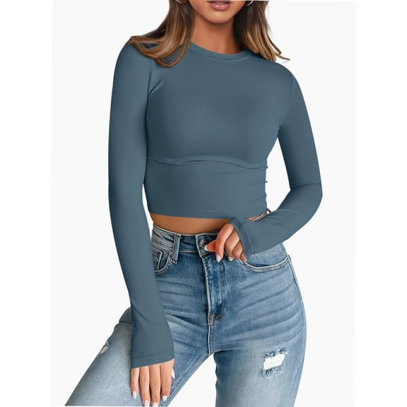 Women's Long Sleeve Shirts Slim Fit Crewneck Crop Tops Basic Fall Going Out Tops
