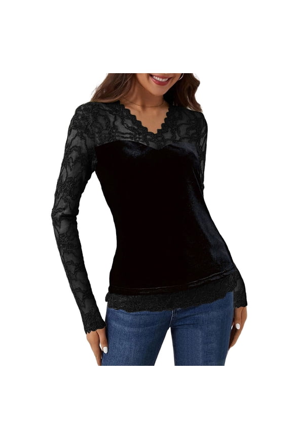Women's Long Sleeve Shirts Slim Fitted Lace Velvet Patchwork Tops Stretchy Base Layer Basic Tight Undershirt