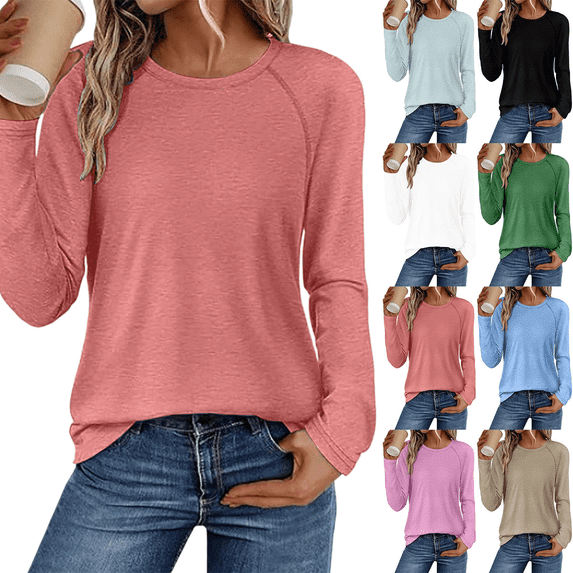 Women's Long Sleeve Shirts Solid Color Crewneck Soft Tops Loose Fit Casual Fashion Clothing 2026