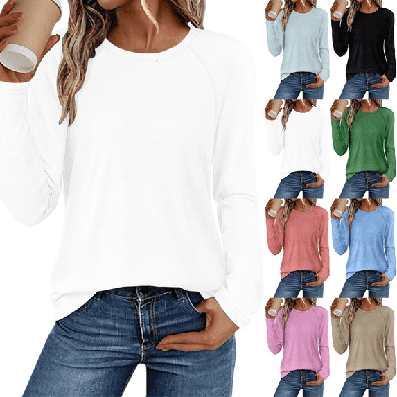 Women's Long Sleeve Shirts Solid Color Crewneck Soft Tops Loose Fit Casual Fashion Clothing 2026