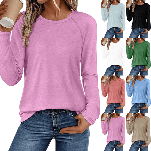 Women's Long Sleeve Shirts Solid Color Crewneck Soft Tops Loose Fit Casual Fashion Clothing 2026