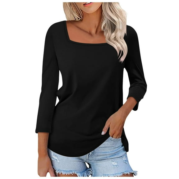 Women's Long Sleeve Shirts Square Neck Color Block Dressy Casual T-Shirts Fall Trendy Work Clothes 2025