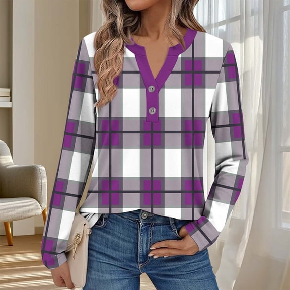 Women's Long Sleeve Shirts Striped Color Block V-Neck Blouse Tunic Loose Fit Casual Henley Shirt for Fall Comfy Tops