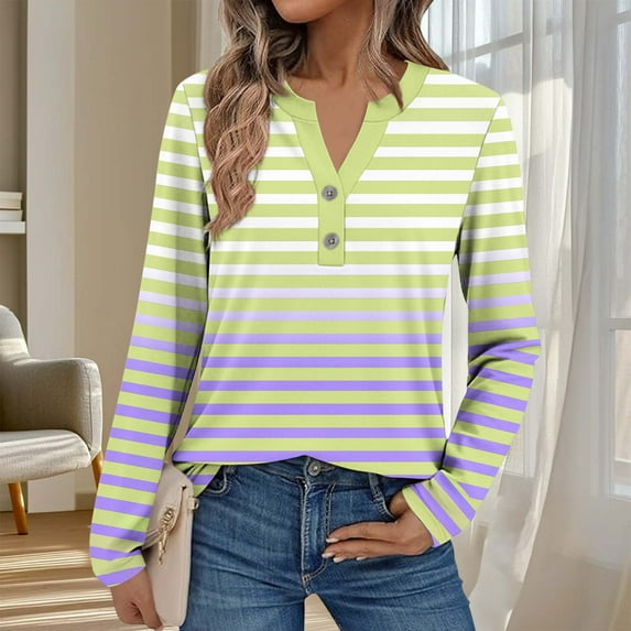 Women's Long Sleeve Shirts Striped Color Block V-Neck Blouse Tunic Loose Fit Casual Henley Shirt for Fall Comfy Tops