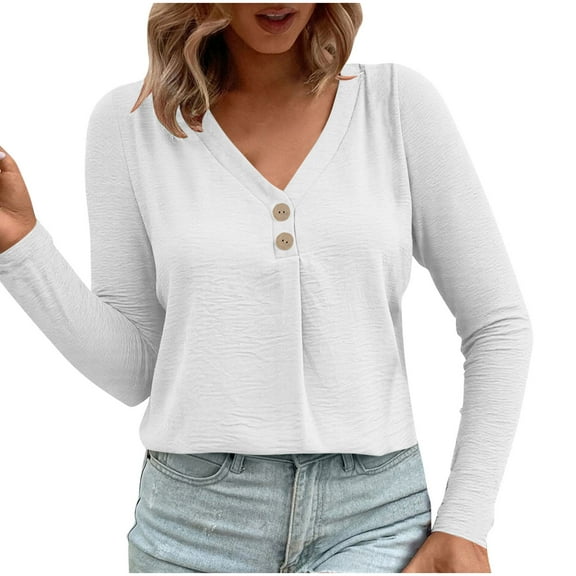 Women's Long Sleeve Shirts Trendy Button Down V Neck Loose Fit Business Work Clothes Lightweight Solid Cute T-Shirts