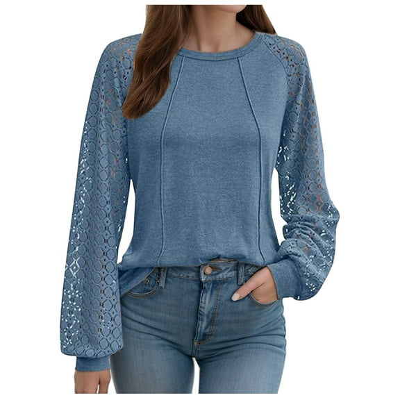 Women's Long Sleeve Shirts Trendy Solid Color Lace Patchwork Pullover Tunic Shirts Casual Crew Neck Relaxed Fit Tee Blouses