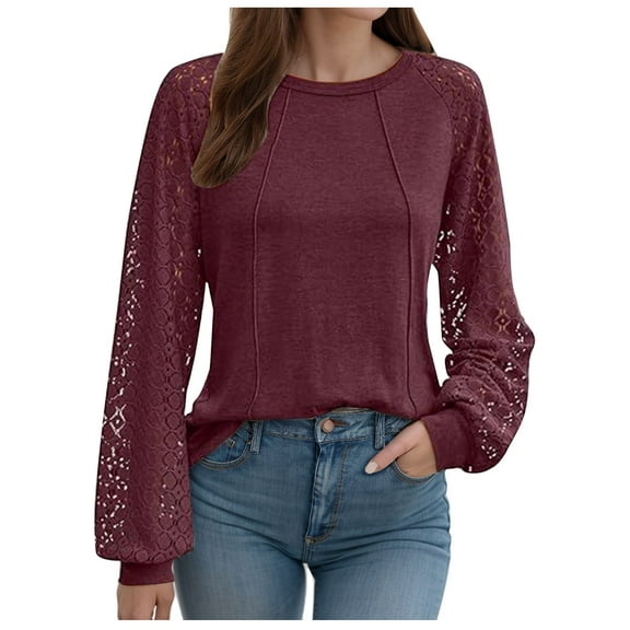 Women's Long Sleeve Shirts Trendy Solid Color Lace Patchwork Pullover Tunic Shirts Casual Crew Neck Relaxed Fit Tee Blouses