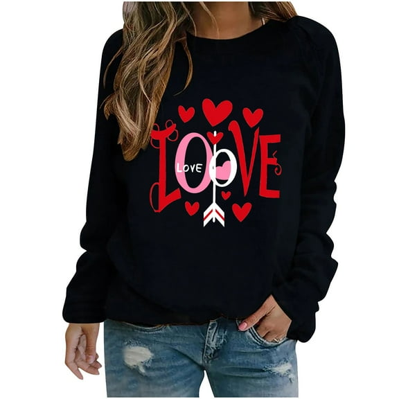 Women's Long Sleeve Shirts Valentine's Day Heart Love Printed Blouses Casual Crew Neck Pullover Tops
