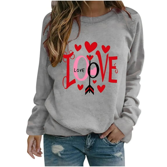Women's Long Sleeve Shirts Valentine's Day Heart Love Printed Blouses Casual Crew Neck Pullover Tops
