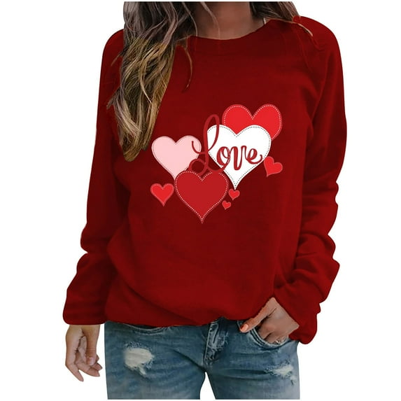 Women's Long Sleeve Shirts Valentine's Day Printed Blouses Casual Crew Neck Pullover Tops