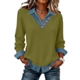 thumbnail image 1 of Women's Long Sleeve Shirts With Denim Collar Cuffs Buttons Decor V-Neck Tops Army Green L, 1 of 6