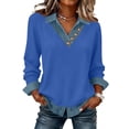 thumbnail image 1 of Women's Long Sleeve Shirts With Denim Collar Cuffs Buttons Decor V-Neck Tops Blue L, 1 of 6