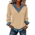 thumbnail image 1 of Women's Long Sleeve Shirts With Denim Collar Cuffs Buttons Decor V-Neck Tops Khaki M, 1 of 6