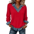 thumbnail image 1 of Women's Long Sleeve Shirts With Denim Collar Cuffs Buttons Decor V-Neck Tops Red XL, 1 of 6