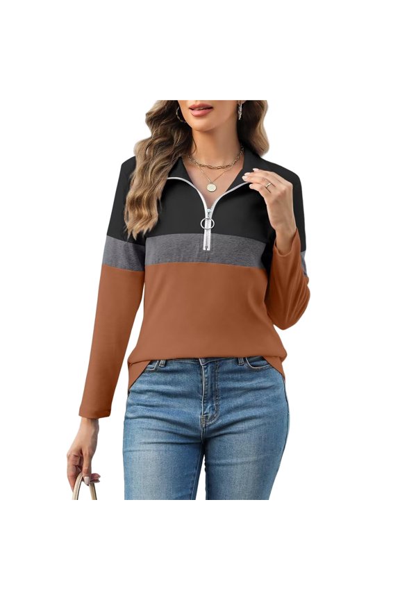 Women's Long Sleeve Shirts Zipper Color Block V Neck Tunic Tops Casual Blouse Brown L