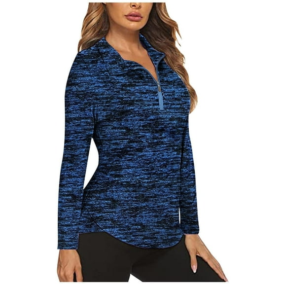 Women's Long Sleeve Shirts Zipper Slim Fit Workout Tops Casual Breathable Running Tee Solid Color Clothes (M, Dark Blue)