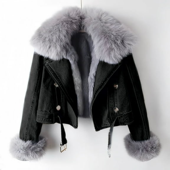 Women's Long-Sleeve Short Winter Black Denim Jacket - Removable Faux Fur Collar & Cuffs, Zipper, Warm Thickened Coat, L