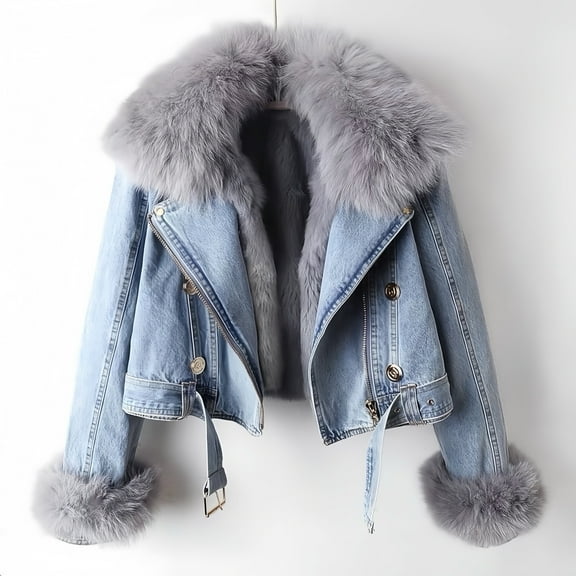 Women's Long-Sleeve Short Winter Blue Denim Jacket - Removable Faux Fur Collar & Cuffs, Zipper, Warm Thickened Coat, L