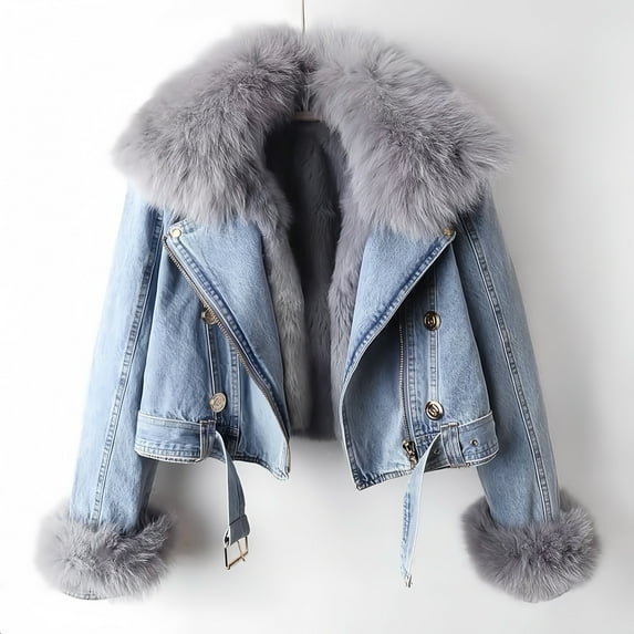Women's Long-Sleeve Short Winter Blue Denim Jacket - Removable Faux Fur Collar & Cuffs, Zipper, Warm Thickened Coat, S
