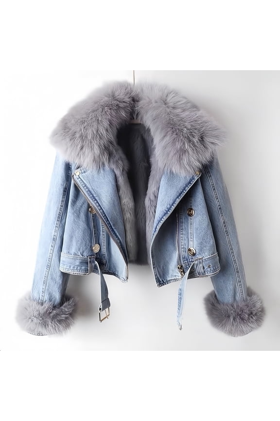 Women's Long-Sleeve Short Winter Blue Denim Jacket - Removable Faux Fur Collar & Cuffs, Zipper, Warm Thickened Coat, S