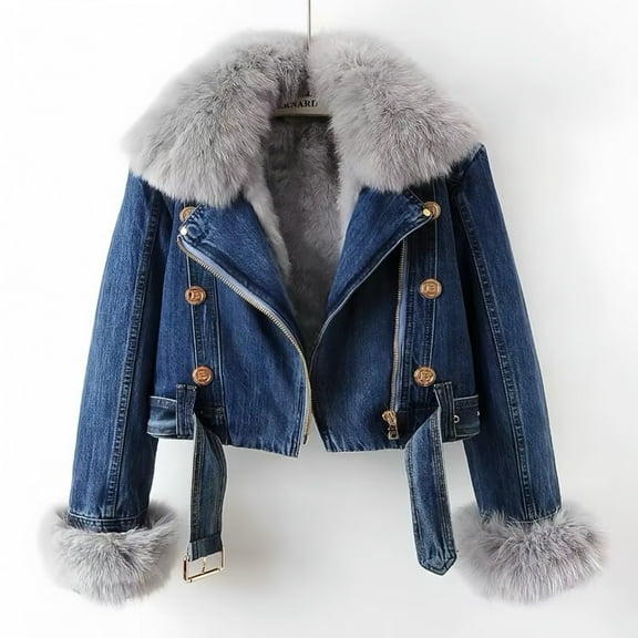 Women's Long-Sleeve Short Winter Dark Blue Denim Jacket - Removable Faux Fur Collar & Cuffs, Zipper, Warm Thickened Coat, S