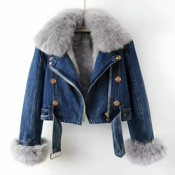 Women's Long-Sleeve Short Winter Dark Blue Denim Jacket - Removable Faux Fur Collar & Cuffs, Zipper, Warm Thickened Coat, S