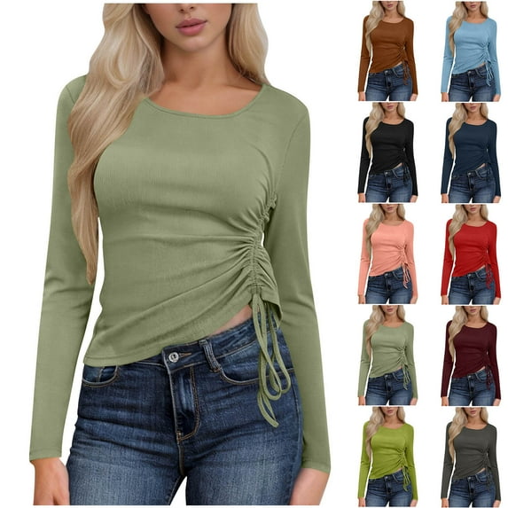 Women's Long Sleeve Side Ruched Top Casual Slim Fit Drawstring Shirt Spring Fashion Tee Army Green S