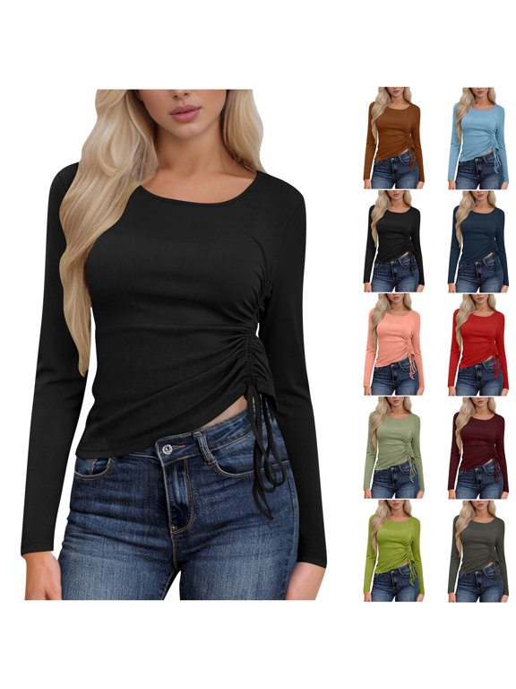 Women's Long Sleeve Side Ruched Top Casual Slim Fit Drawstring Shirt Spring Fashion Tee Black M