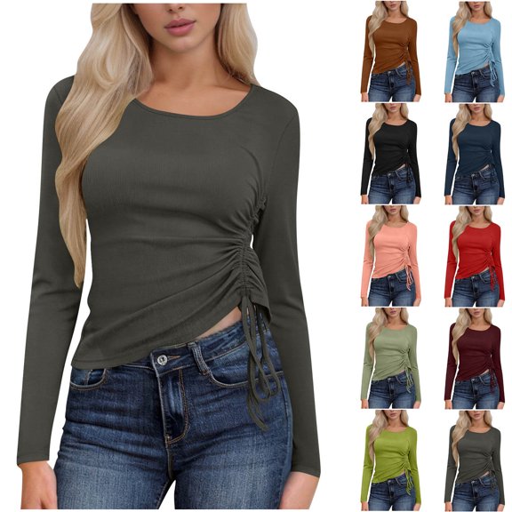 Women's Long Sleeve Side Ruched Top Casual Slim Fit Drawstring Shirt Spring Fashion Tee Gray M