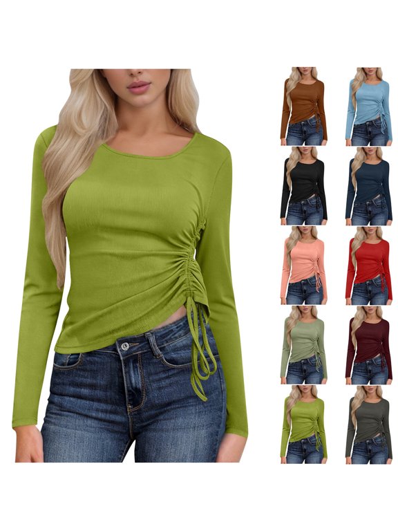 Women's Long Sleeve Side Ruched Top Casual Slim Fit Drawstring Shirt Spring Fashion Tee Green XXL