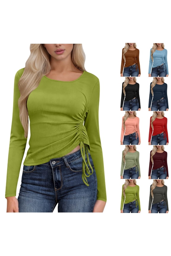 Women's Long Sleeve Side Ruched Top Casual Slim Fit Drawstring Shirt Spring Fashion Tee Green XXL